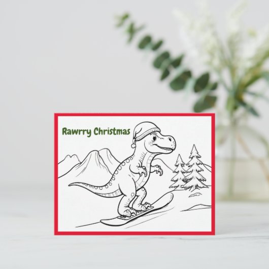 Rawrry Weihnachten T-Rex Reiten Snowboard Postkarte (Stehend Vorderseite)