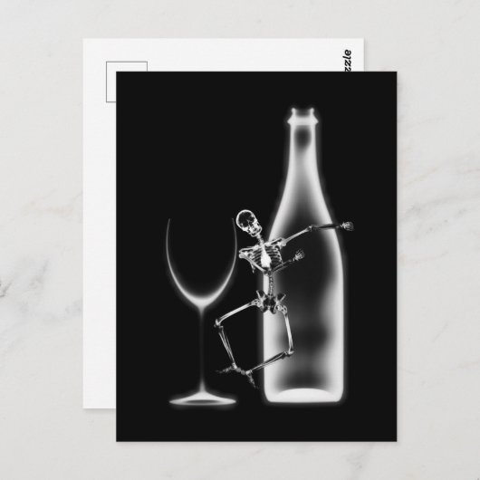 Ray Celebration Skeleton & Wine - B&W Postkarte (Vorne/Hinten)