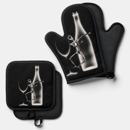 Ray Celebration Skeleton & Wine Ofenhandschuh & Topflappen-Set (Vorderseite/Rückseite)