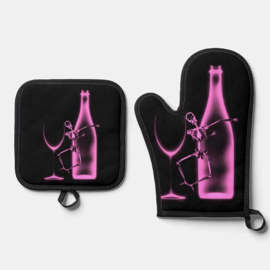 Ray Celebration Skeleton & Wine Ofenhandschuh & Topflappen-Set (Vorderseite)
