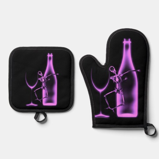 Ray Celebration Skeleton & Wine Ofenhandschuh & Topflappen-Set (Vorderseite)
