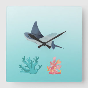 Ray Fish Underwater Illustration Wall Clock Quadratische Wanduhr