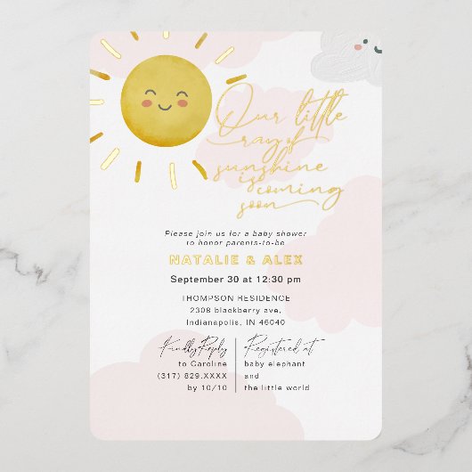 Ray of Sunshine Clouds Girl Baby Shower Folieneinladung (Vorderseite)
