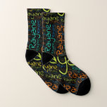 Rayane Socken<br><div class="desc">Rayane. Show and wear this popular beautiful male first name designed as colorful wordcloud made of horizontal and vertical cursive hand lettering typography in different sizes and adorable fresh colors. Wear your positive french name or show the world whom you love or adore. Merch with this soft text artwork is...</div>