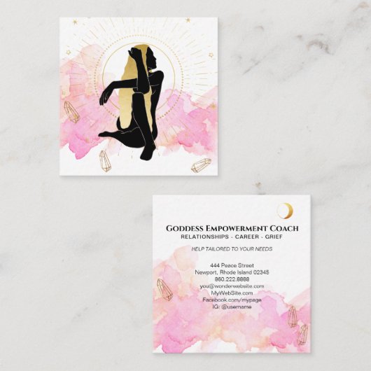 *~* Rays Moon Crystals Cosmic Gold Black Goddess Quadratische Visitenkarte (Vorne/Hinten)