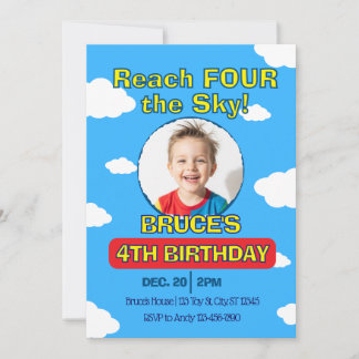 Reach FOUR the Sky, Picture Clouds 4th Birthday Einladung