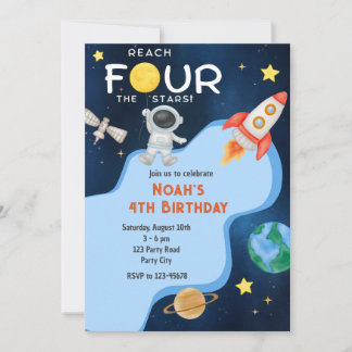 Reach Four The Stars 4th Birthday Invitation Space Einladung