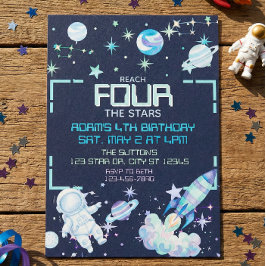 Reach Four the Stars Blue Green Space 4th Birthday Einladung