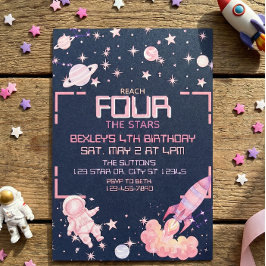 Reach Four the Stars Pink Space 4th Birthday Einladung