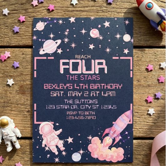 Reach Four the Stars Pink Space 4th Birthday Einladung