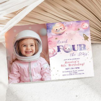 Reach Four the stars Space Mädchen Geburtstag Einladung