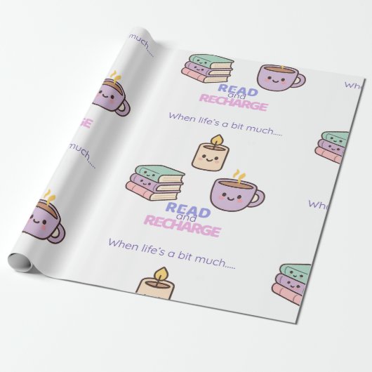 Read And Recharge Wrapping Paper Kawaii Book Lover Geschenkpapier (Ungerollt)