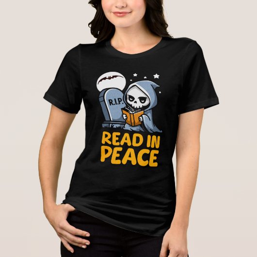 Read in Peace Bookworm Grim Sensenmann Halloween Tri-Blend Shirt (Vorderseite)