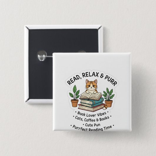 Read Relax & Purr – Cute Cat With Books Sticker |। Button (Vorne & Hinten)