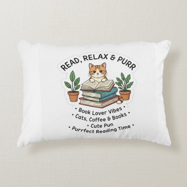 Read Relax & Purr – Cute Cat With Books Sticker |  Dekokissen (Vorderseite)