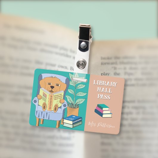 Reading Dog Horizontal Library Hall Pass Badge Ausweis