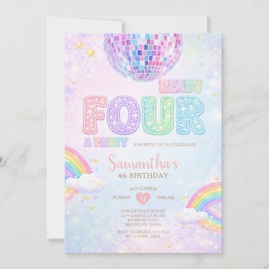 Ready FOUR a party Disco Rainbow Birthday Einladung (Vorderseite)