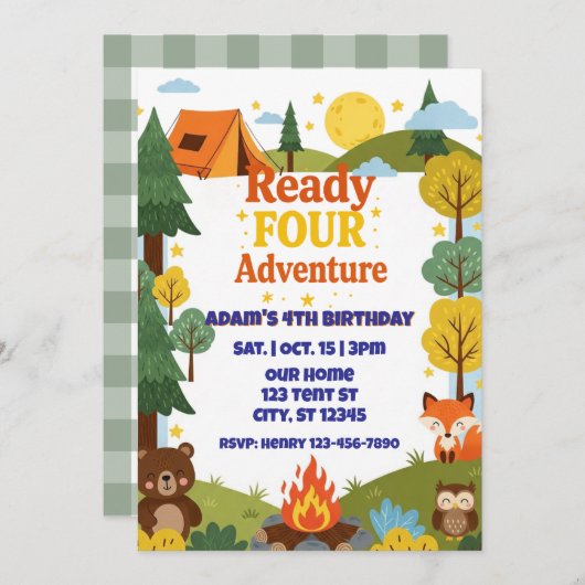 Ready FOUR Adventure, 4th Birthday Einladung (Vorne/Hinten)
