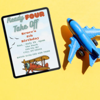 Ready FOUR Take Off, airplane 4th Birthday Einladung