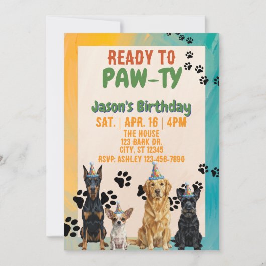 Ready to PAW-TY, party dogs, birthday Einladung (Vorderseite)