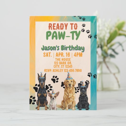 Ready to PAW-TY, party dogs, birthday Einladung (Stehend Vorderseite)