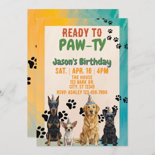Ready to PAW-TY, party dogs, birthday Einladung (Vorne/Hinten)