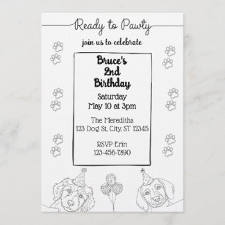 Ready to Pawty, Black Line Dog Birthday Einladung