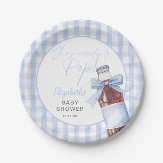 Ready To Pop Blue Bow Soda Bottle Baby Shower Pappteller (Vorderseite)