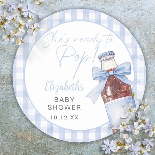 Ready To Pop Blue Bow Soda Bottle Baby Shower Runder Aufkleber