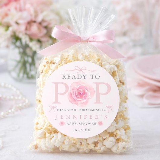Ready to Pop Floral Bow Baby Shower Popcorn Bag  Runder Aufkleber