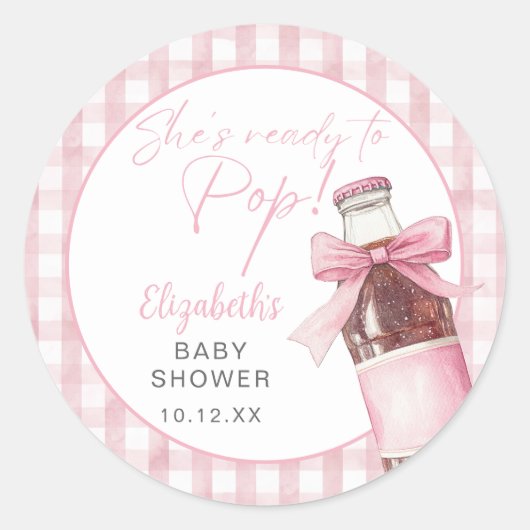 Ready To Pop Pink Bow Soda Bottle Baby Shower Runder Aufkleber (Vorderseite)