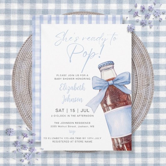 Ready To Pop Soda Bottle Blue Bow Baby Shower Einladung