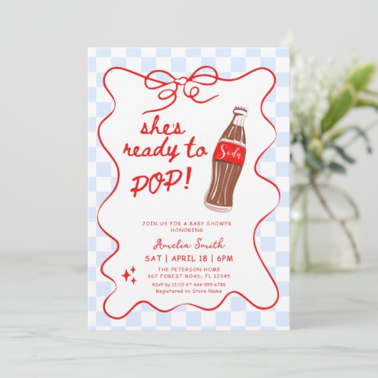 Ready to Pop Soda Boy Baby shower Einladung (Stehend Vorderseite)