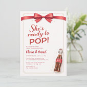 Ready to Pop Soda Red Bow Couples Baby Shower Einladung (Stehend Vorderseite)