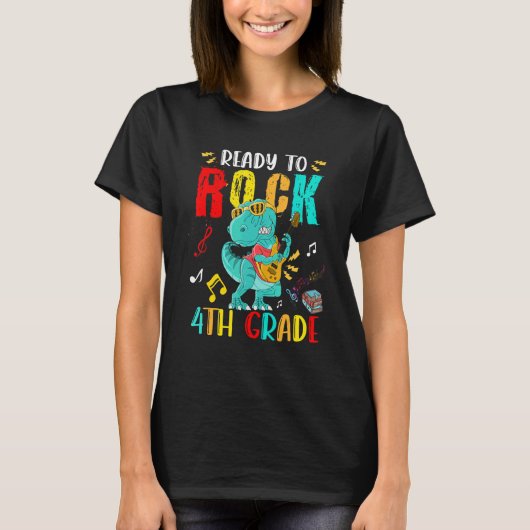 Ready To Rock 4th Grade rex Playing Guitar T-Shirt (Vorderseite)