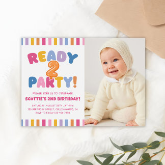 Ready Two Party Colorful 2nd Birthday Photo Einladung
