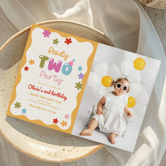 Ready Two Party Daisy Colorful 2nd Birthday Photo Einladung
