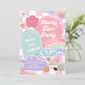 Ready Two Party Rainbow Daisy 2nd Birthday Einladung (Stehend Vorderseite)