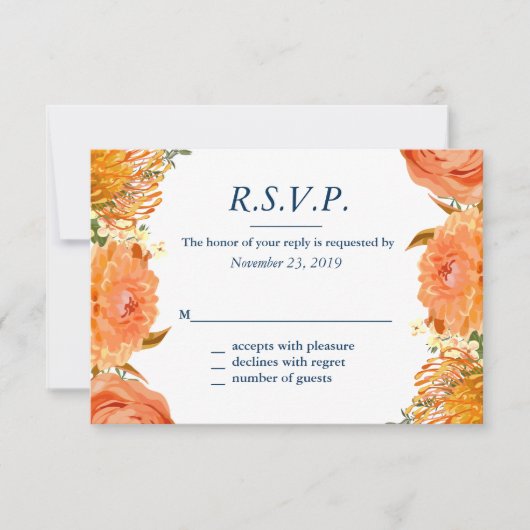 Reaktionskarte für Navy und Orange Floral RSVP Karte (Vorderseite)