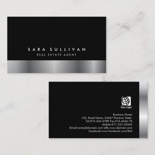 Real Anwesen Agent Bold Dark Chrome Business Card Visitenkarte (Vorne/Hinten)