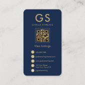 Real Anwesen Agent Gold Navy Blue QR Code Monogram Visitenkarte (Rückseite)