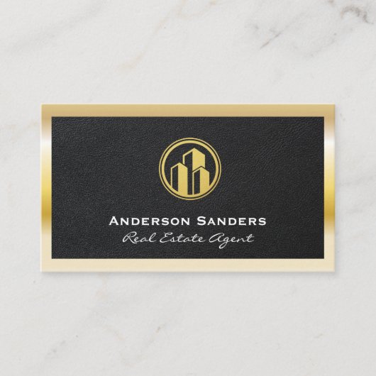 Real Anwesen Agent | Leder | Gold-Metallrahmen Visitenkarte (Vorderseite)