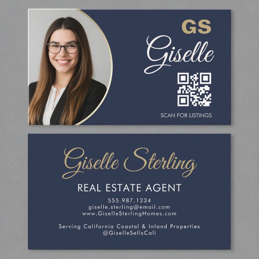 Real Anwesen Agent Navy Blue Gold Foto QR Code Visitenkarte