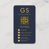 Real Anwesen Agent Navy Blue Gold QR Code Monogram Visitenkarte (Rückseite)
