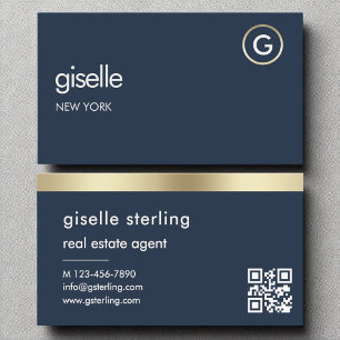 Real Anwesen Agent Navy Blue QR Code Gold Monogram Visitenkarte