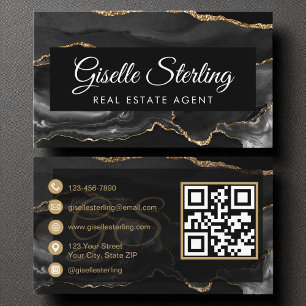 Real Anwesen Agent QR Code Black Gold Agate Luxus Visitenkarte
