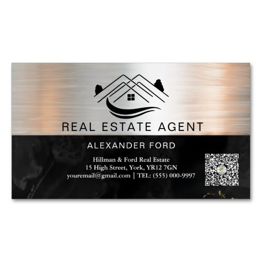 Real Anwesen Agent silber Metallic Gold Marmor Magnetische Visitenkarte (Vorderseite)