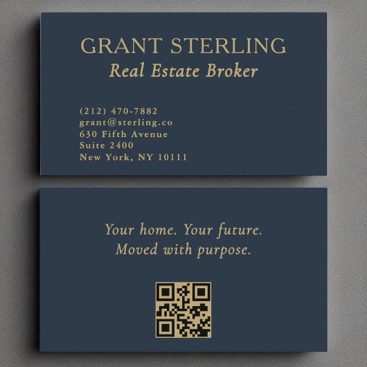 Real Anwesen Broker Navy Blue Gold QR Code Visitenkarte