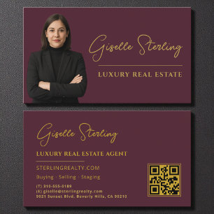 Real Anwesen Burgundy Gold QR Code Script Luxus Visitenkarte