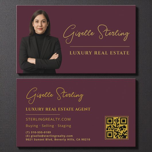 Real Anwesen Burgundy Gold QR Code Script Luxus Visitenkarte